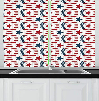 Lunarable Americana Kitchen Curtains, Patriotic Themed Art Design USA Flag Rounds and Stars, Window Drapes 2 Panel Set for Kitchen Cafe Decor, 55" X 39", Vermilion Dark Turquoise