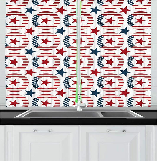 Lunarable Americana Kitchen Curtains, Patriotic Themed Art Design USA Flag Rounds and Stars, Window Drapes 2 Panel Set for Kitchen Cafe Decor, 55" X 39", Vermilion Dark Turquoise