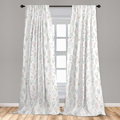 Ambesonne Ice Cream Window Curtains, Different Types of Ice Cream Pastel Color Design Pattern Retro Outlines, Lightweight Decor 2-Panel Set with Rod Pocket, Pair of - 28" x 84", White and Beige