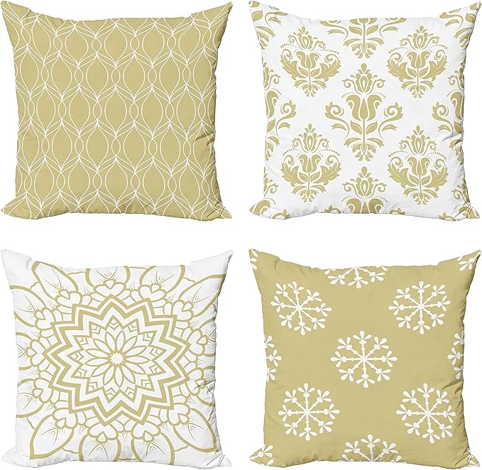 Ambesonne Retro Throw Pillow Cushion Case Pack of 4, Trellis Grid Medieval Floral Damask Mandala Flower Ornament in Modern Monochrome, Modern Accent Double-Sided Digital Printing, 24", Pale Khaki