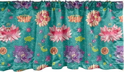 Ambesonne Floral Window Valance Pack of 2, Pattern with Lotus Flowers Peonies and Chrysanthemums Oriental Motifs Garden Art, Rod Pocket Curtain Valances for Kitchen Bedroom, 42" X 12", Teal