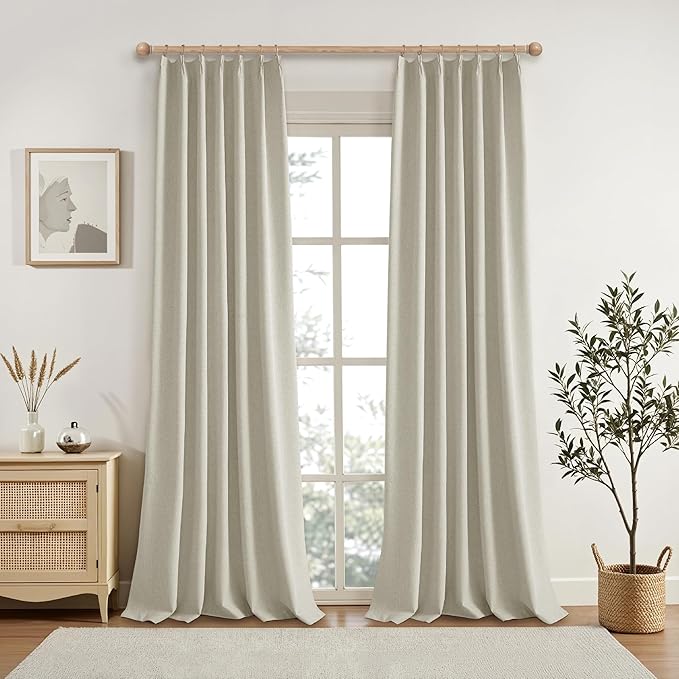 KangBang Black Out Pinch Pleat Linen Curtains 96 Inches Long, Pinch Pleated Blackout Drapes for Living Room Office with Hooks, Baby Sleep Friendly Home Decor(2 Panels,42Wx96L, Linen Color)