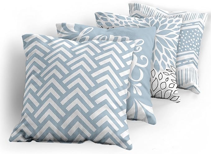 Ambesonne Geometric Throw Pillow Cushion Case Pack of 4, Home Phrase Minimal Zigzag Squama Dahlia Flower Petals Chevron Tribal, Modern Accent Double-Sided Digital Printing, 16", Pale Blue Grey White