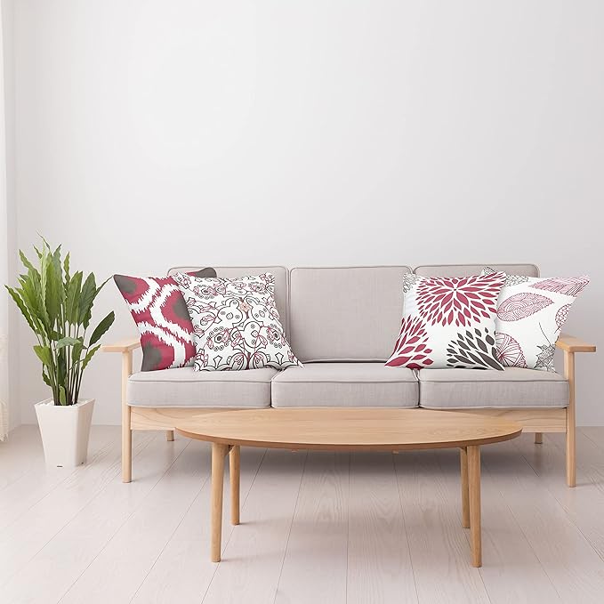 Ambesonne Vintage Throw Pillow Cushion Case Pack of 4, Bohemian Ornamental Leaves Dahlia Pattern Geometric Art Curlicue Motif, Modern Accent Double-Sided Digital Printing, 16", Raspberry Taupe White