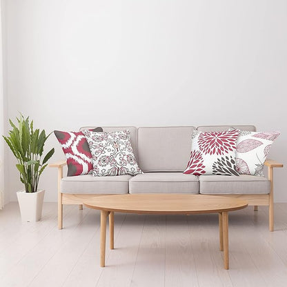Ambesonne Vintage Throw Pillow Cushion Case Pack of 4, Bohemian Ornamental Leaves Dahlia Pattern Geometric Art Curlicue Motif, Modern Accent Double-Sided Digital Printing, 16", Raspberry Taupe White