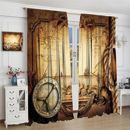 Pirate Map Curtains, Nautical Theme Old Ancient Treasure Map Secret Sea History Pattern Blackout Window Drapes for Kids Boys Bedroom Living Room 84x84in