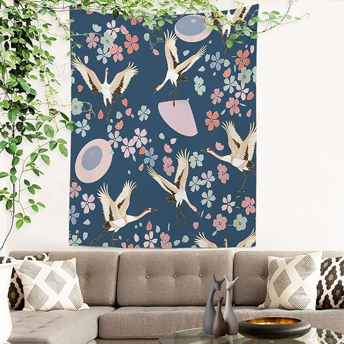 Batmerry Navy Blue Japanese Cherry Tapestry,Oriental Wall Art Hanging Decoration Polyester Fiber White Ruffled Around for Dorm Room Bedroom Living Room, 59.1x39.4 inches