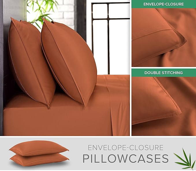 Split King Sheets by Pure Bamboo, Genuine 100% Organic Viscose Derived from Bamboo Bed Sheet Set, Soft & Cooling, Double Stitching *Not for Split Top (Split King, Terracotta)