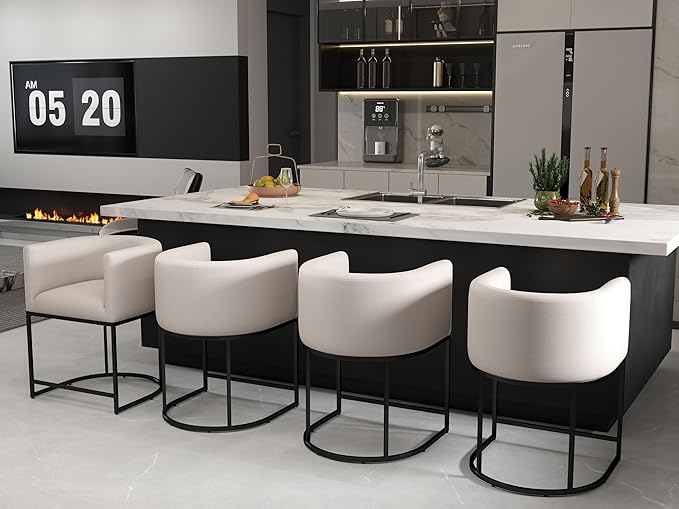 Modern Counter Height Linen Upholstered Bar Stools Set of 4, 24" Kitchen Counter Island Stools Bar Chairs with Black Metal Frame for Kitchen Island, Cream