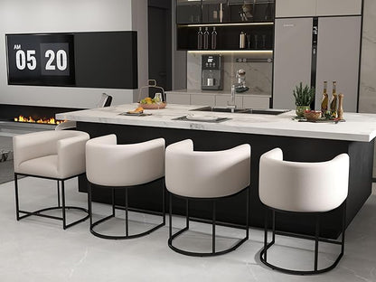 Modern Counter Height Linen Upholstered Bar Stools Set of 4, 24" Kitchen Counter Island Stools Bar Chairs with Black Metal Frame for Kitchen Island, Cream