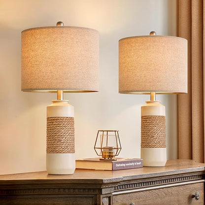 OYEARS 23.75" Bedside Table Lamps Set of 2 for Sleeping and Reading, Vintage Farmhouse Rattan Table Lamp Antique White Resin Lamp for Decoration, Office Living Room Bedside Table