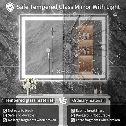 Koonmi 30x60 LED Bathroom Mirror, Backlit + Front Lit, LED Bathroom Mirror with Lights for Wall, 3 Colors, Anti-Fog, Dimmable Brightness, Memory Function, Tempered Glass
