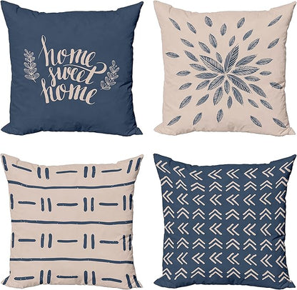 Ambesonne Modern Throw Pillow Cushion Case Pack of 4, Scandinavian Minimal Ornaments Boho Feather Leaves and Home Phrase, Modern Accent Double-Sided Digital Printing, 20", Pale Tan and Slate Blue