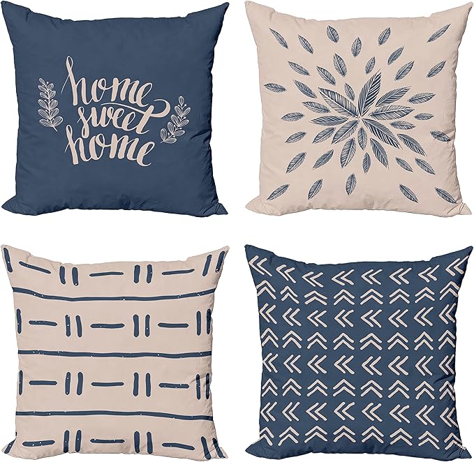 Ambesonne Modern Throw Pillow Cushion Case Pack of 4, Scandinavian Minimal Ornaments Boho Feather Leaves and Home Phrase, Modern Accent Double-Sided Digital Printing, 18", Pale Tan and Slate Blue