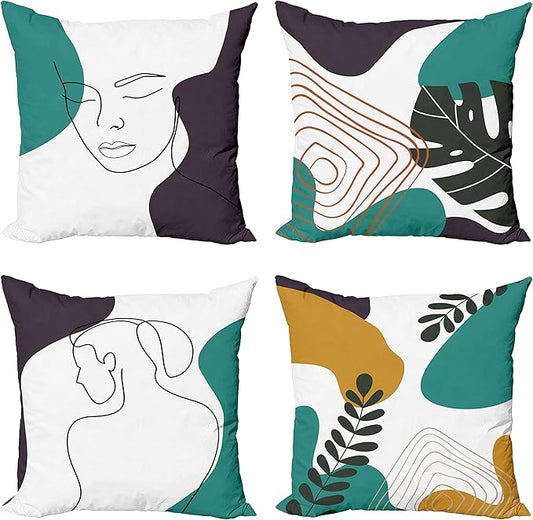 Ambesonne Minimal Throw Pillow Cushion Case Pack of 4, Modern Line Art Woman Portrait Contemporary Leafy Geometric Details, Modern Accent Double-Sided Digital Printing, 18", Teal Dark Purple Mustard