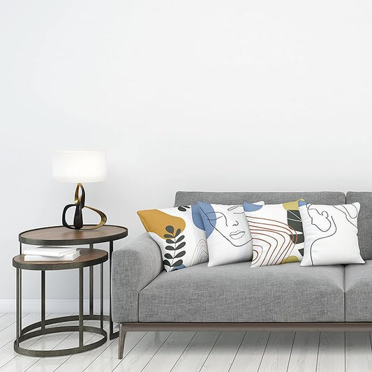 Ambesonne Minimal Throw Pillow Cushion Case Pack of 4, Modern Line Art Woman Portrait with Contemporary Leafy Geometric Details, Modern Accent Double-Sided Digital Printing, 24", Mustard and Blue Grey