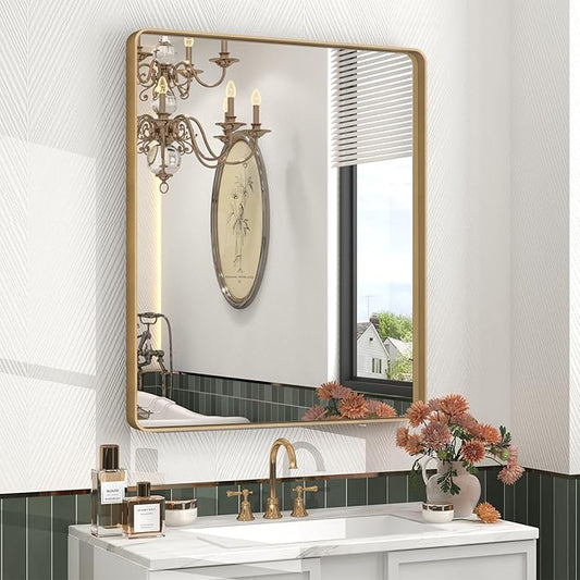 28x32 Gold Bathroom Mirror, Rounded Rectangle Gold Frame Mirror, Brushed Gold Brass Bathroom Vanity Mirror Wall-Mounted, Anti-Rust, Hangs Horizontally or Vertically