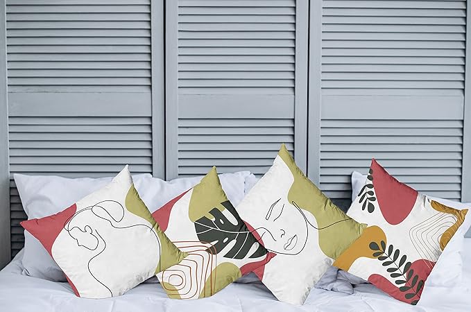 Ambesonne Minimal Throw Pillow Cushion Case Pack of 4, Modern Line Art Woman Portrait Contemporary Leafy Geometric Details, Modern Accent Double-Sided Digital Printing, 20", Olive Green and Dark Coral