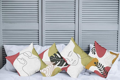 Ambesonne Minimal Throw Pillow Cushion Case Pack of 4, Modern Line Art Woman Portrait Contemporary Leafy Geometric Details, Modern Accent Double-Sided Digital Printing, 20", Olive Green and Dark Coral