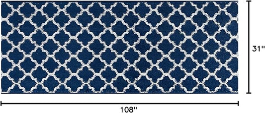 Custom Size Cut to Length Moroccan Trellis Design Runner Rug Mat For Wide Long Hallways with Non-Slip Rubber Backing, Better Traction for Pets, Prevent Slippage, Trellis Navy Blue, 31 inch X 9 feet
