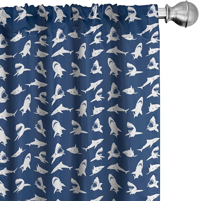 Ambesonne Shark Window Curtains Pack of 2, Fish Pattern Various Gestures Have a Bite Danger Humor Nautical Design, Lightweight Set with Rod Pocket, 4 Panels of - 28" x 84", Violet Blue