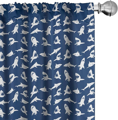 Ambesonne Shark Window Curtains Pack of 2, Fish Pattern Various Gestures Have a Bite Danger Humor Nautical Design, Lightweight Set with Rod Pocket, 4 Panels of - 28" x 84", Violet Blue