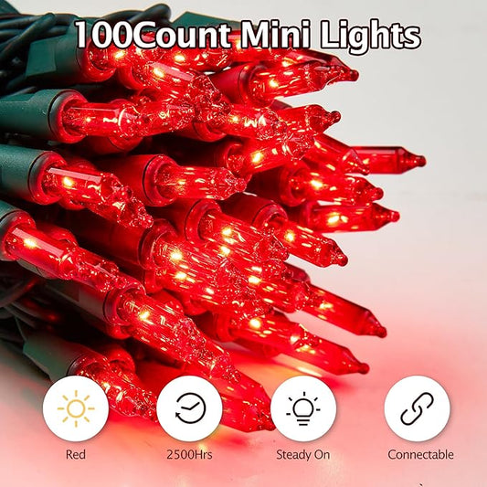 Red Christmas Lights - 100 Count Incandescent Lights with Green Wires - UL Certified, Connectable for Indoor/Outdoor Xmas, Wedding, Holiday, Party, Home Decorations