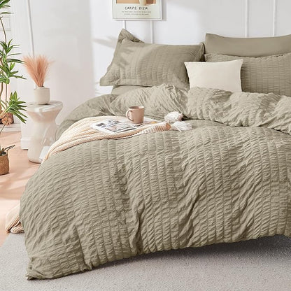 HYMOKEGE Linen Queen Comforter Set Seersucker 7 Pieces, All Season Luxury Bed in a Bag Queen for Bedroom, Bedding Set with Comforter, Sheets, Pillowcases & Shams