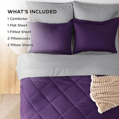 Bedsure Full Size Comforter Set - 7 Pieces Reversible Purple Bedding, Full Size Bed Set for All Seasons, Bed in a Bag with Down Alternative Comforter, Sheets, Pillowcases & Shams