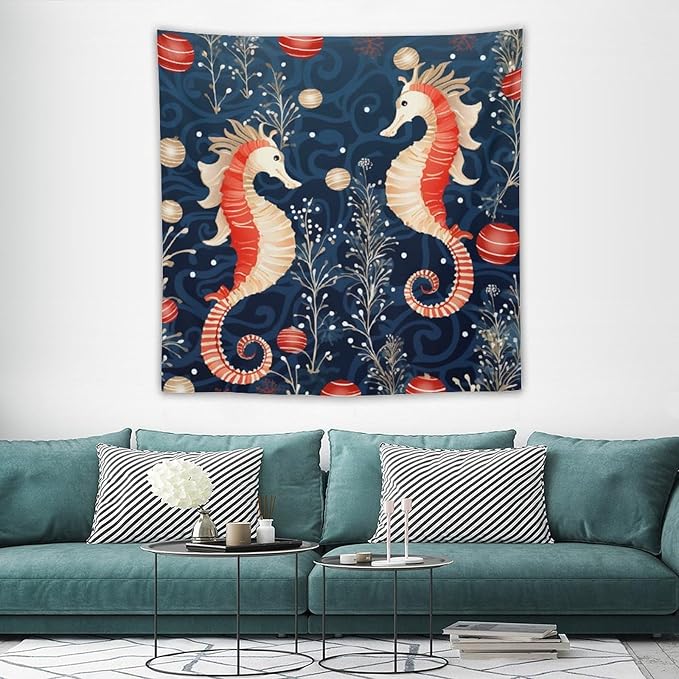 MaSiledy Seahorse Christmas Kiss Beach Tapestries Ocean Theme Tapestry Vintage Aesthetic Tapestries Landscape Tapestry for Bedroom Colorful Wall Hanging Aesthetic Wall Art For Room Decor 60"x60"