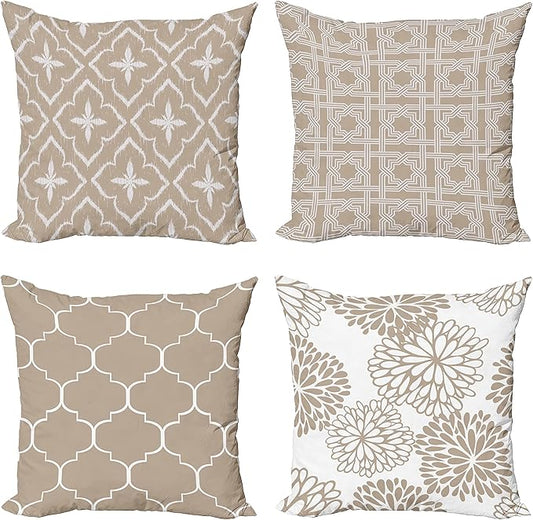Ambesonne Vintage Throw Pillow Cushion Case Pack of 4, Monochrome Design Grid Trellis Quatrefoil Mesh and Dahlia Flowers Modern Print, Modern Accent Double-Sided Digital Printing, 16", Tan and White