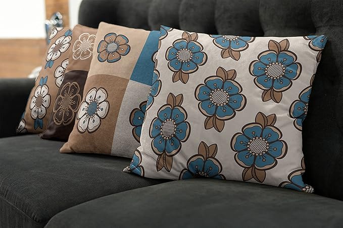 Ambesonne Retro Throw Pillow Cushion Case Pack of 4, Nostalgic Flower Petals Spring Vibes on Earthy Colors Mosaic Tile Themed, Modern Accent Double-Sided Digital Printing, 24", Sea Blue Umber and Tan