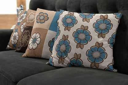 Ambesonne Retro Throw Pillow Cushion Case Pack of 4, Nostalgic Flower Petals Spring Vibes on Earthy Colors Mosaic Tile Themed, Modern Accent Double-Sided Digital Printing, 24", Sea Blue Umber and Tan