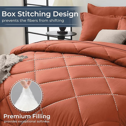 HEVUMYI Burnt Orange King Comforter Set - 7-Piece All Season Bed in a Bag King, Ultra Soft Bedding Set with Comforter, Flat Sheet, Fitted Sheet, Pillowcases, Pillow Shams