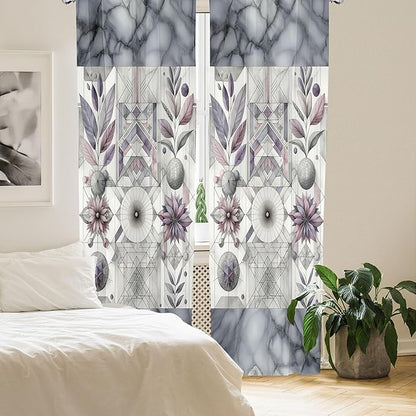 Ambesonne Geometric Floral Window Curtains, Classic Marble Print Ornate Leafy Flowers and Futurist Stripes, Lightweight Decor 2-Panel Set with Rod Pocket, Pair of - 28" x 84", Ceil Blue Laurel Green
