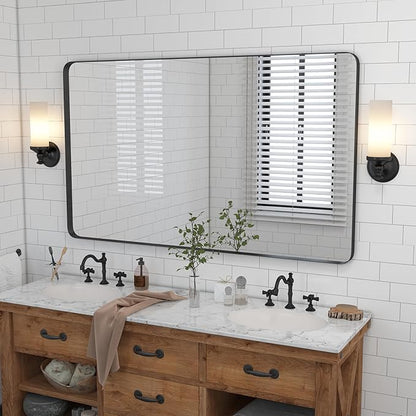 VocalStar 55 x 36 Inch Black Bathroom Mirror for Wall, Large Rounded Rectangle Metal Framed Bathroom Wall Vanity Mirror Farmhouse, 1/4-inch Shatterproof Glass | Ultra-Flush Hanging