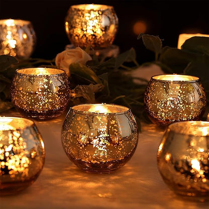 LAMORGIFT 12 PCS Blue Mercury Glass Votive Tealight Holders - Blue Centerpieces for Bridal Shower Decorations, Wedding Table Glass Decor