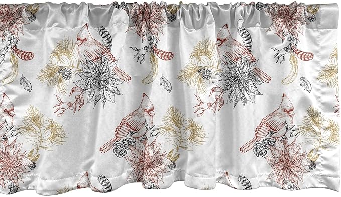 Lunarable Cardinal Bird Window Valance Pack of 2, Creative Vintage Pattern with Leaves Plants Pine Cones, Rod Pocket Curtain Valances for Kitchen Bedroom, 54" X 12", Vermilion Black