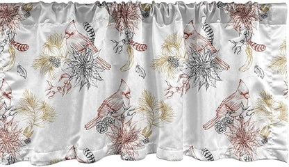Lunarable Cardinal Bird Window Valance Pack of 2, Creative Vintage Pattern with Leaves Plants Pine Cones, Rod Pocket Curtain Valances for Kitchen Bedroom, 54" X 12", Vermilion Black