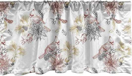 Lunarable Cardinal Bird Window Valance Pack of 2, Creative Vintage Pattern with Leaves Plants Pine Cones, Rod Pocket Curtain Valances for Kitchen Bedroom, 54" X 12", Vermilion Black