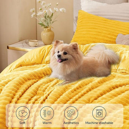 BEDELITE Fleece King Comforter Set -Super Soft & Warm Fluffy Bright Yellow Bedding, Luxury Fuzzy Heavy Bed Set for Winter with 2 Pillow Cases