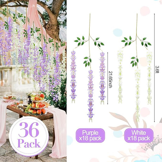 Giegxin 36 Pcs Artificial Wisteria Hanging Flowers 3.6 ft Artificial Fake Wisteria Vine Rattan Hanging Garland Silk Flowers String for Wall Home Wedding Party Greenery Decorations (Purple,White)