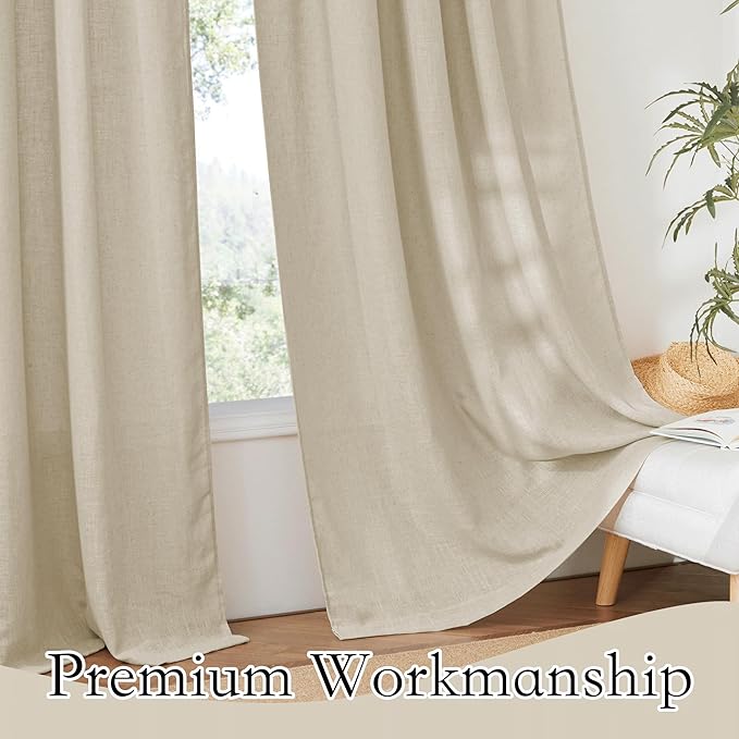 RYB HOME Sheer Curtains Linen Textured Semi Sheer Draperies Light Glare Filtering Privacy Sheer Backdrop for Bedroom Living Room Patio Door Window Decor, Beige, W 70 x L 95 inch, 2 Pcs