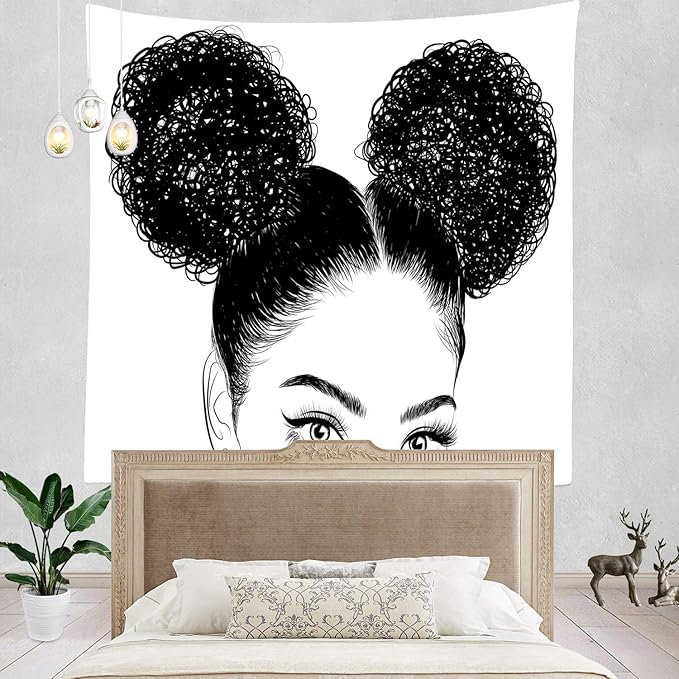 Batmerry Black Woman Afro American Tapestry, Black Woman with Shirt Graphic Tee Visit Hair Afro Girl Picnic Mat Hippie Trippy Tapestry Wall Art Decor for Bedroom Living Room, 59.1 x 59.1 Inches, Black