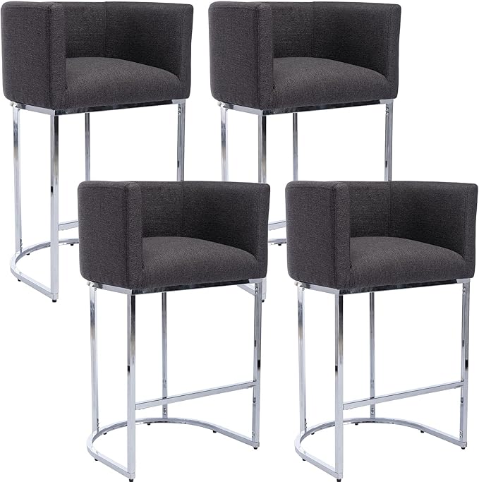 Modern Counter Height Linen Upholstered Bar Stools Set of 4, 29" Kitchen Counter Island Stools Bar Chairs with Chrome Finish Metal Frame for Kitchen Island, Charcoal