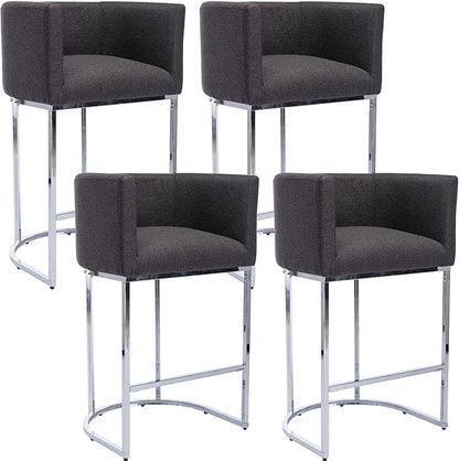 Modern Counter Height Linen Upholstered Bar Stools Set of 4, 29" Kitchen Counter Island Stools Bar Chairs with Chrome Finish Metal Frame for Kitchen Island, Charcoal