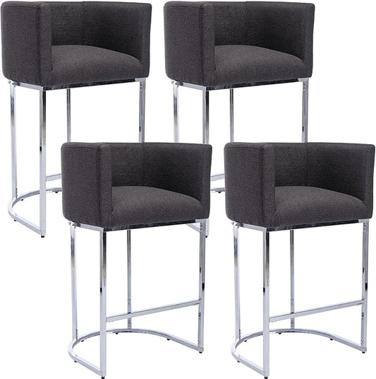 Modern Counter Height Linen Upholstered Bar Stools Set of 4, 29" Kitchen Counter Island Stools Bar Chairs with Chrome Finish Metal Frame for Kitchen Island, Charcoal