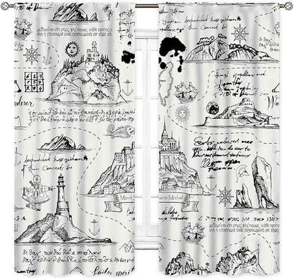 Vintage Nautical Curtains, Marine Coastal Sailboat Compass Anchor Ocean Beach Old Pirate Map Retro Window Drapery Treatments for Bedroom Living Room Kitchen Bathroom 2 Panels, 84"x63" Inch