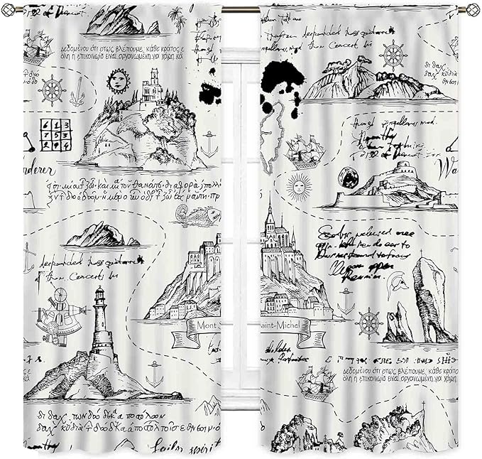 Vintage Nautical Curtains, Marine Coastal Sailboat Compass Anchor Ocean Beach Old Pirate Map Retro Window Drapery Treatments for Bedroom Living Room Kitchen Bathroom 2 Panels, 55"x63" Inch