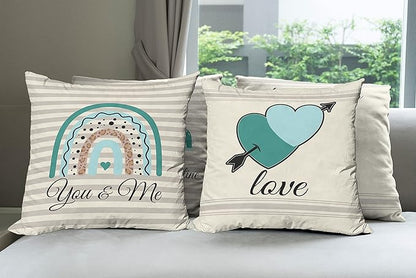 Ambesonne Romantic Throw Pillow Cushion Case Pack of 4, Love Hearts Arrow You and Me Be My Valentine Hugs Kisses Lettering, Modern Accent Double-Sided Digital Printing, 16", Teal Ivory Pale Eggshell